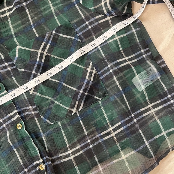 New Zara Sheer Metallic Threaded Green Plaid Cropped Blouse - Size L - Picture 10 of 15